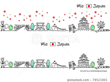 Simple line drawing set of Mie prefecture cityscape and new coronavirus 79521001