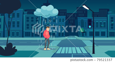 Depressed man stand under cloud with falling rain Depressed man stand under cloud with falling rain 79521337