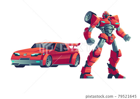 Red robot transformer and car, cartoon illustration Red robot transformer and car, cartoon illustration 79521645