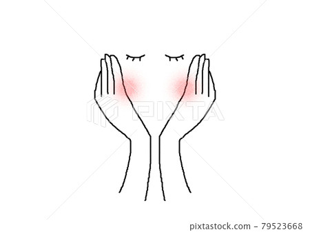 Hand-drawn line drawing illustration of a woman who closes her eyes with both hands on her cheeks 79523668