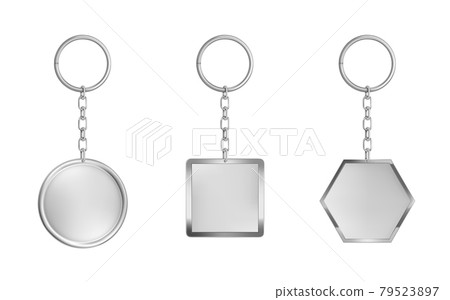 Keychains set. Metal round, square and hexagon 79523897