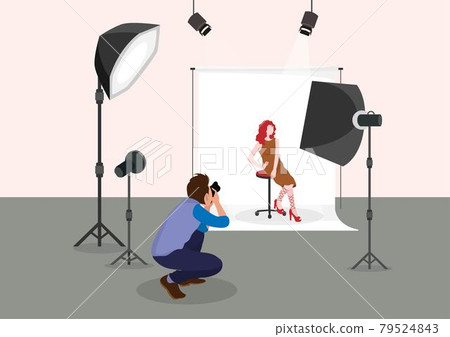 Beautiful model in fashion photo studio with photographer on white background with bright lights. Flat style cartoon illustration vector Beautiful model in fashion photo studio with photographer on white background with bright lights. Flat style cartoon illustration vector 79524843