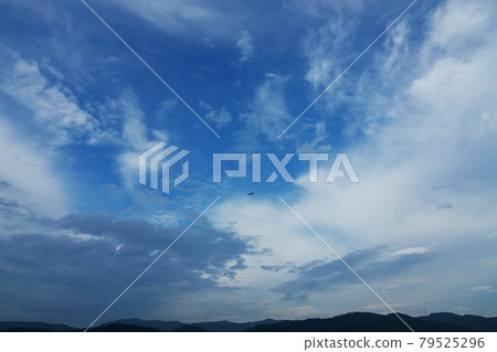 黑風箏在晚上飛在東方的天空和各種雲彩 黑風箏在晚上飛在東方的天空和各種雲彩 79525296