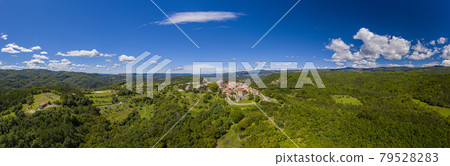 Panoramic aerial drone picture of Hum in Croatia, the smallest city in the world, during daytime 79528283