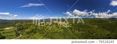 Panoramic aerial drone picture of Hum in Croatia, the smallest city in the world, during daytime Panoramic aerial drone picture of Hum in Croatia, the smallest city in the world, during daytime 79528285