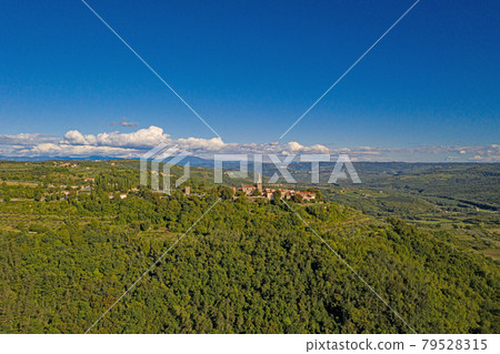 Aerial panoramic drone picture of the medieval town of Groznjan on the Istrian peninsula  79528315