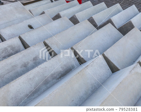 Precast concrete stairs in element stock ready for transport Precast concrete stairs in element stock ready for transport 79528381