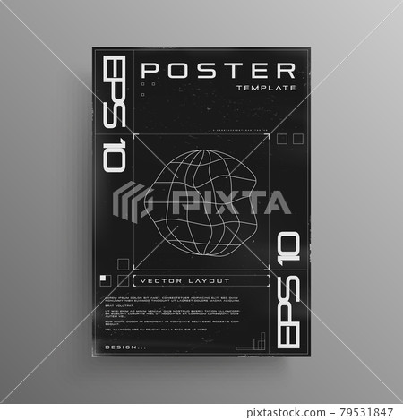 Retro cyberpunk poster with wireframe liquid distorted planet. Black and white retrofuturistic poster design with HUD cyber elements. Cover design layout for music events. Vector Retro cyberpunk poster with wireframe liquid distorted planet. Black and white retrofuturistic poster design with HUD cyber elements. Cover design layout for music events. Vector 79531847