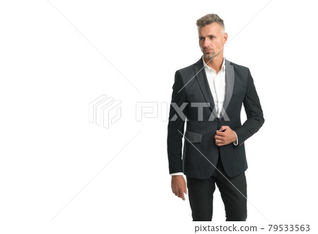 Serious unshaven bachelor wear formal fashion style suit with classy look, classic, copy space 79533563