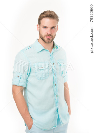 Fashion man hold hands in pockets isolated on white background. Fashion man hold hands in pockets isolated on white background. 79533660