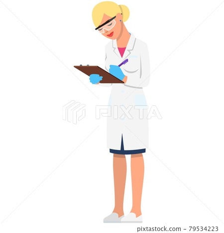 Woman laboratory scientist making note in clipboard vector 79534223