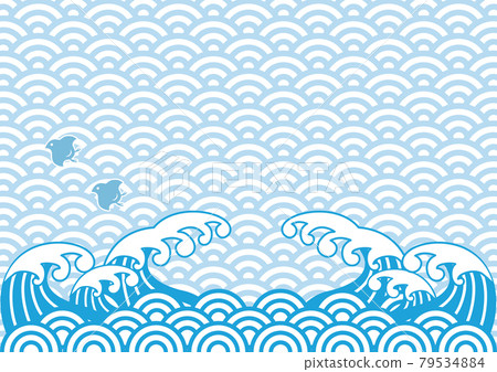 Wave sea wave plover bird Japanese pattern Qinghai wave New Year's card material Japanese style frame background copy space illustration 79534884