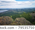 A large stone on the background of mountains with trees 79535750