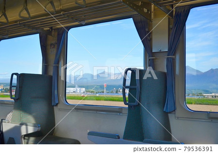 Daisetsuzan mountain range seen from the train window of JR Hokkaido Furano Line Daisetsuzan mountain range seen from the train window of JR Hokkaido Furano Line 79536391