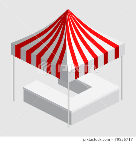 Isometric market stall, tent. Street awning canopy kiosk, counter, white red strings for fair, street food, market, grocery goods. Vector isolated 79536717