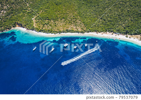 Aerial view of sunny Antisamos beach on the Kefalonia island, Ionian sea in summer, Greece. Travel vacation concept 79537079