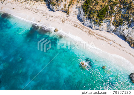 Aerial top down drone photo of Petani beach with beautiful turquoise sea at Cefalonia island, Ionian, Greece 79537120