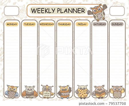 Vector template weekly planner. Owls cartoons design. Vector template weekly planner. Owls cartoons design. 79537708