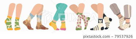 Legs in socks. Women and men wearing fashionable socks. Flat cartoon colorful sock with trendy pattern on feet, fashion accessories vector set Legs in socks. Women and men wearing fashionable socks. Flat cartoon colorful sock with trendy pattern on feet, fashion accessories vector set 79537926