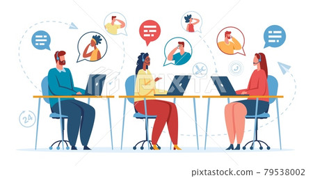Call center office. Online customer support operator with headset talking with customer. Hotline or technical support specialists vector concept Call center office. Online customer support operator with headset talking with customer. Hotline or technical support specialists vector concept 79538002