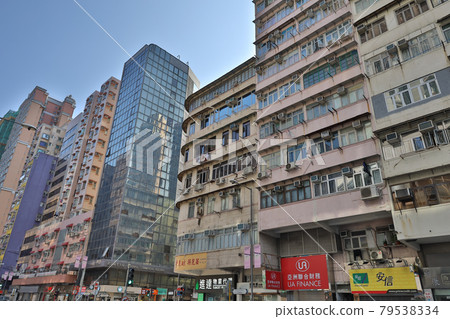 Hong Kong old tenement buildings or tong lau are panel blocks, Hung Hom 10 April 2021 79538334