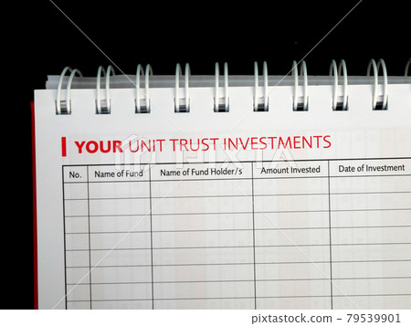 Selected focused on Unit Trust Investment text found on one page of a notebook. Be the title to a table of unit trust investment schedules that is still empty. 79539901