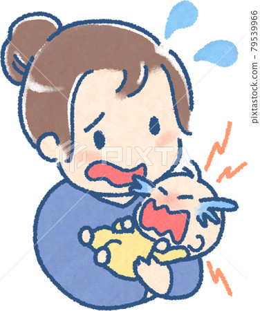 年輕女子抱著哭泣的嬰兒和困惑的插圖（手繪風格|全彩） 79539966