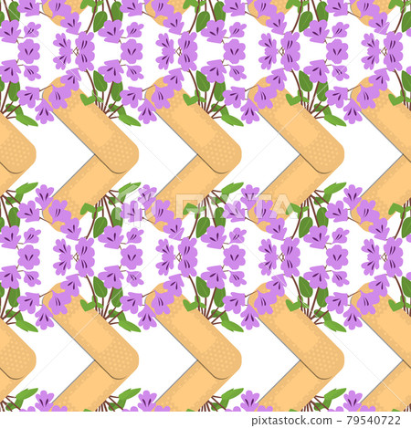 Seamless pattern with sticking plasters and purple flowers. Medical patch repeat texture. Seamless pattern with sticking plasters and purple flowers. Medical patch repeat texture. 79540722