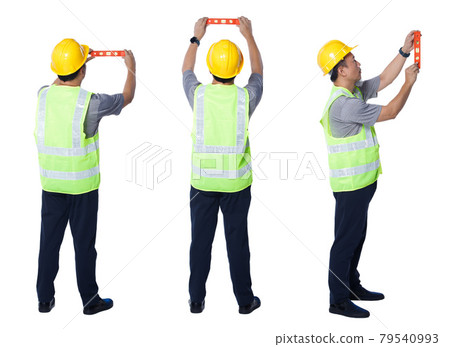 Collage full length Figure of 50s 60s Asian Elderly man Engineer wear safety vest hard hat tools. Senior male balance line with bubble Level equipment over white Background isolated 79540993