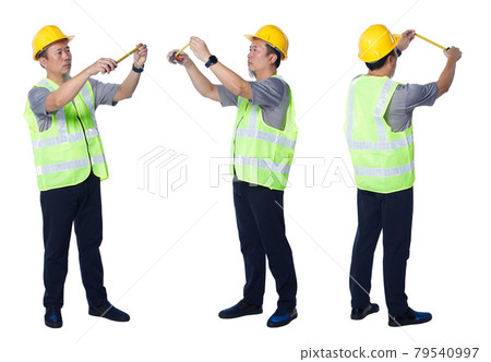 Collage full length Figure of 50s 60s Asian Elderly man Engineer wear safety vest hard hat tools. Senior male measure distance with measurement tape over white Background isolated 79540997