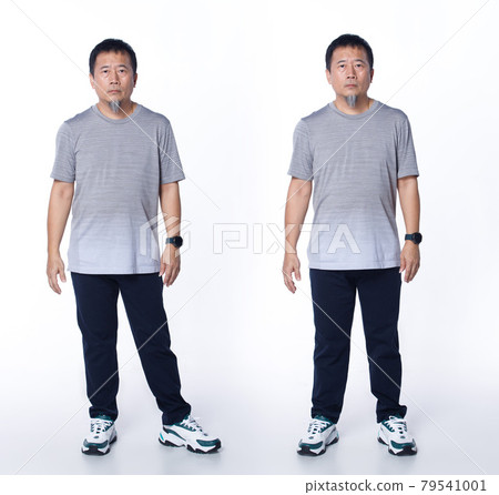 Collage Full length of 50s 60s Asian Elderly man wear gray relax t-shirt pant and sport shoes. Senior male stand casual and look at camera over white Background isolated 79541001