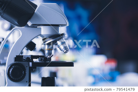 Close up shot of microscope medical equipment and colorful blur background copy spae Close up shot of microscope medical equipment and colorful blur background copy spae 79541479