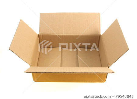Cardboard box with flip open lid, lid open, isolated on white. 79543845