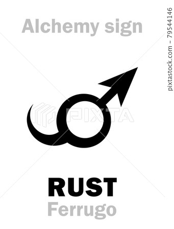 Alchemy Alphabet: RUST (Ferrugo, Robigo) -- corrosion, reddish-brown flaky coating. Also: Crocus of Iron. Iron oxide, hydrous Iron oxides and Iron oxide-hydroxide: [Fe2O3*nH2O, FeO(OH), Fe(OH)3]. 79544146