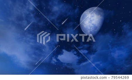 Moon and shooting stars in night sky with clouds 79544269