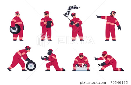 Racing engineers. Race car team. Pit stop workers in uniform. Driver and maintenance mechanics change automobile wheels and wave flag. Isolated auto technicians set. Vector repair service 79546155