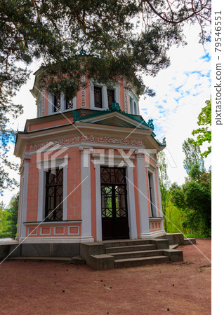 Pink Pavilion on island of Anti-Circe (island of love) in Sofiyivka park in Uman, Ukraine 79546551