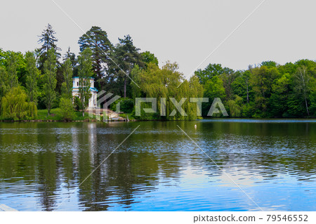 View of Upper Pond and Pink Pavilion on island of Anti-Circe (island of love) in Sofiyivka park in Uman, Ukraine 79546552