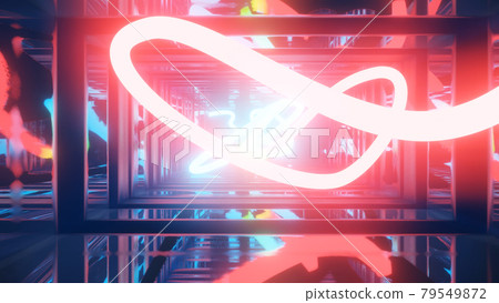 3d render. Neon ray flies in mirror room reflected in numerous mirrors. Abstract neon light in a shiny room. 79549872