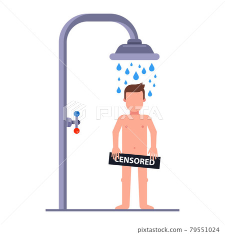 full-length naked man takes a shower in the... - Stock Illustration