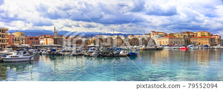 Greek islands. beautiful Crete island, panoramic view of venetian old town of Chania.view of old port 79552094