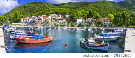 Greece travel. Beautiful green Skopelos island- traditional fishing village with colorful boats in Neo Klima village. Greece travel. Beautiful green Skopelos island- traditional fishing village with colorful boats in Neo Klima village. 79552693