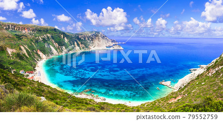 Best beaches of Kefalonia island - Petani with turquoise transparent sea. Greece, Ionian islands 79552759