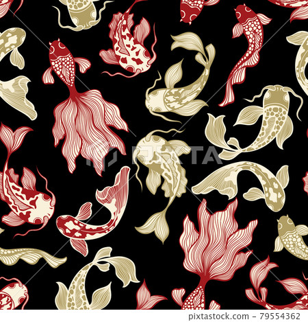 Japanese Koi Fish Vector Seamless Pattern on Black for Fabric Textile 79554362