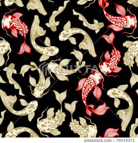 Japanese Koi Fish Vector Seamless Pattern on Black for Fabric Textile Japanese Koi Fish Vector Seamless Pattern on Black for Fabric Textile 79554371