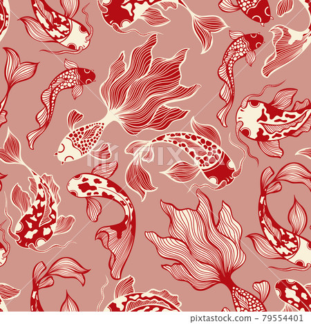 Japanese Koi Fish Vector Seamless Pattern in Red Colors for Fabric Textile Japanese Koi Fish Vector Seamless Pattern in Red Colors for Fabric Textile 79554401