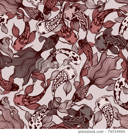 Japanese Koi Fish Vector Seamless Pattern in - Stock