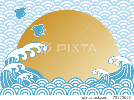 Sea wave plover Japanese style Qinghai wave sunrise New Year New Year Japanese pattern background frame copy space illustration 79555636