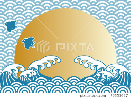 Sea wave plover Japanese pattern Qinghai wave sunrise New Year New Year Japanese pattern background frame copy space illustration 79555637
