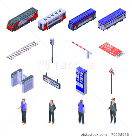 Electric train driver icons set, isometric style 79558956